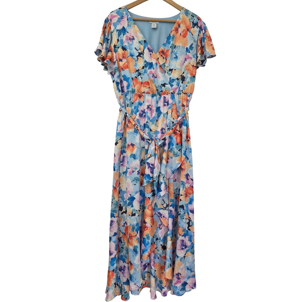 Nicole Miller New York Maxi Dress Floral Flutter Sleeve Womens XL Blue Multi